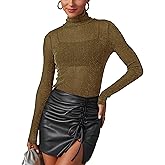 AISEW Womens Mesh Sheer Long Sleeve Glitter Tops Sexy See Through Sparkly Shirts Turtleneck Layering Top Shirt