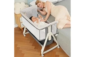 MEICHYUN Baby Bassinet Bedside Sleeper for Baby,Bedside Bassinet with Wheels and Storage Basket,All Mesh 6 Height Adjustable Easy to Assemble Bedside Crib (Upgrade Grey)