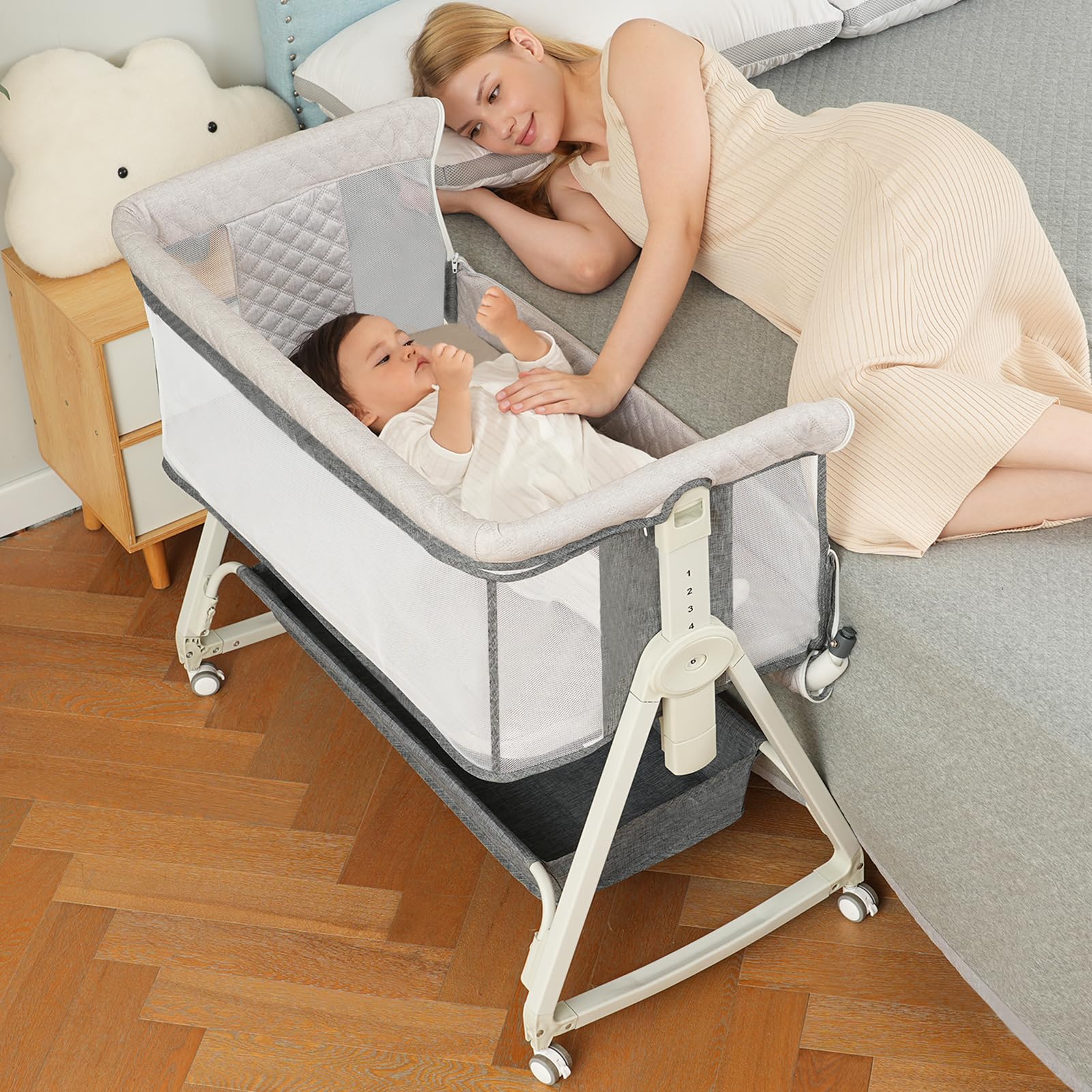 Photo 1 of ****used***Baby Bassinet Bedside Sleeper for Baby,Bedside Bassinet with Wheels and Storage Basket,All Mesh 6 Height Adjustable Easy to Assemble Bedside Crib (Upgrade Grey)