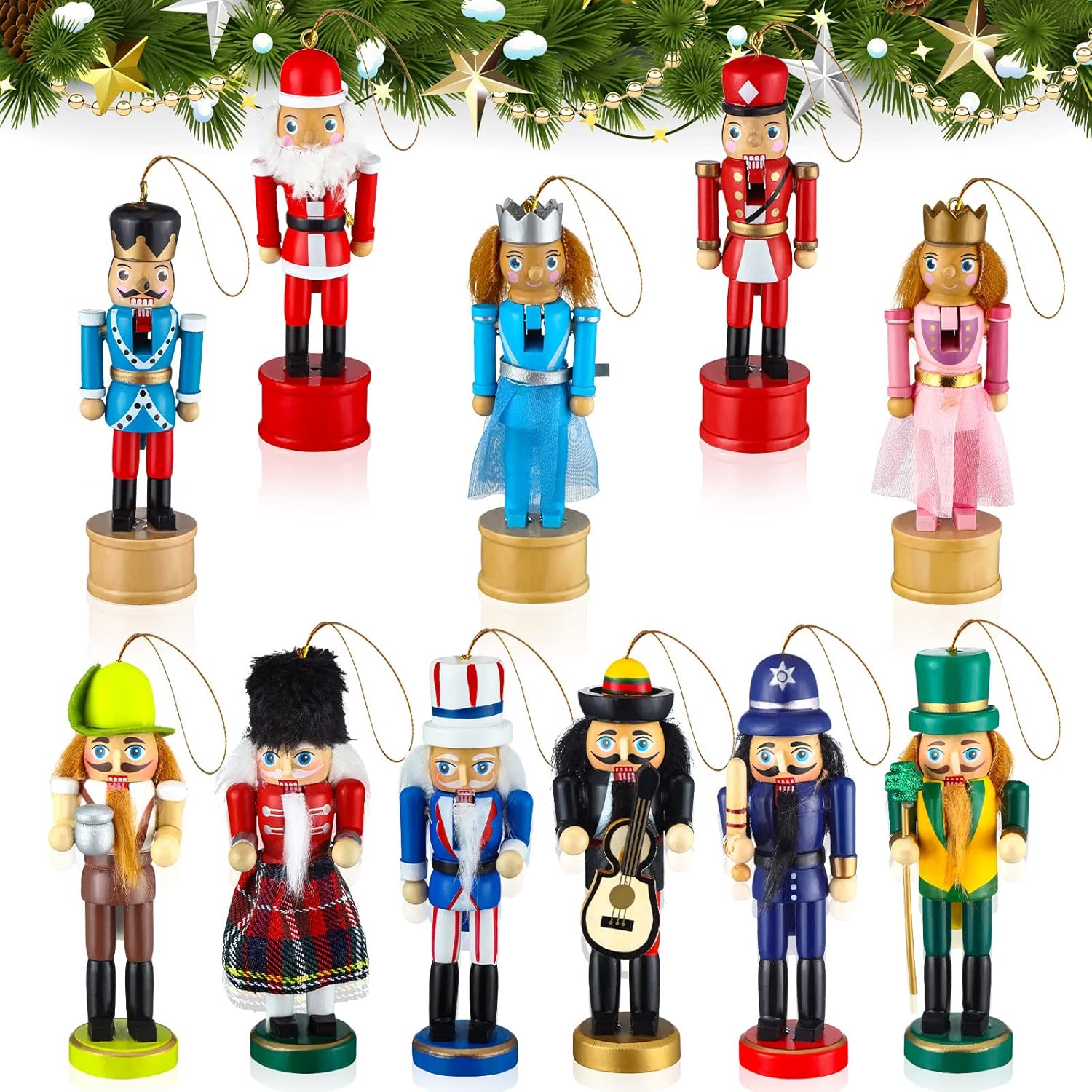 Nutcrackers - Chalyna 11 Pieces Christmas Nutcrackers Ornaments Set Wooden Nutcracker Christmas Decor Soldier Hanging Decor Nutcracker Figure Christmas Ornament for Xmas Tree, Table Decor (Vivid Style), Beige