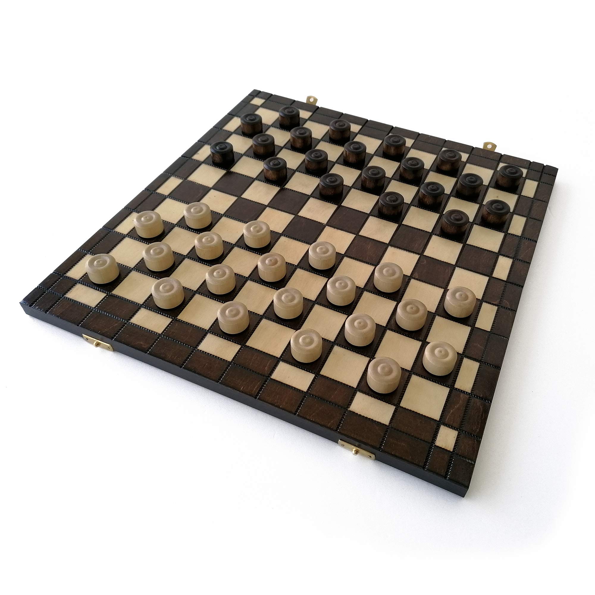 Checkers XL - Handcrafted from varnished hornbeam wood. Ecoresponsible. Checkerboard size 15.7 x 15.7 in. Foldable board, easy storage, travel game. Brand: Le Délirant®.