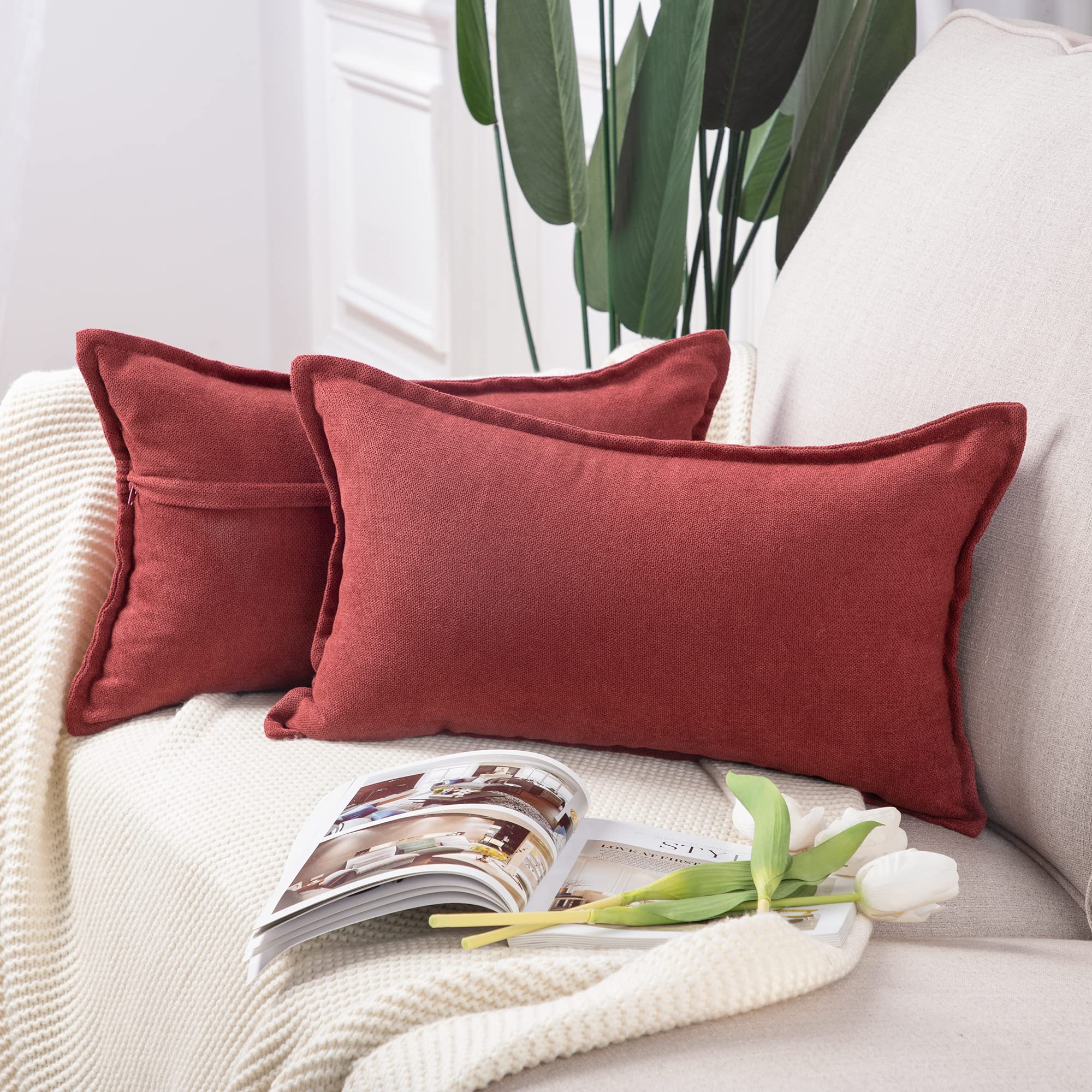 Madizz Set of 2 Short Chenille Throw Pillow Covers 12x20 Inch Burgundy Soft Decorative Cushion Cover for Sofa Bedroom Pillow Shell