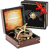 Antiqula 5 inch Large Sundial Compass with Wooden Rosewood Box, Perfectly Calibrated Steampunk Antique Brass Sundial Clock with Chart for Guidance, Ideal Nautical & Vintage Gift for Men