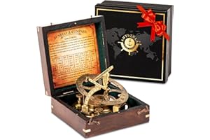 Antiqula 5 inch Large Sundial Compass with Wooden Rosewood Box, Perfectly Calibrated Steampunk Antique Brass Sundial Clock with Chart for Guidance, Ideal Nautical & Vintage Gift for Men