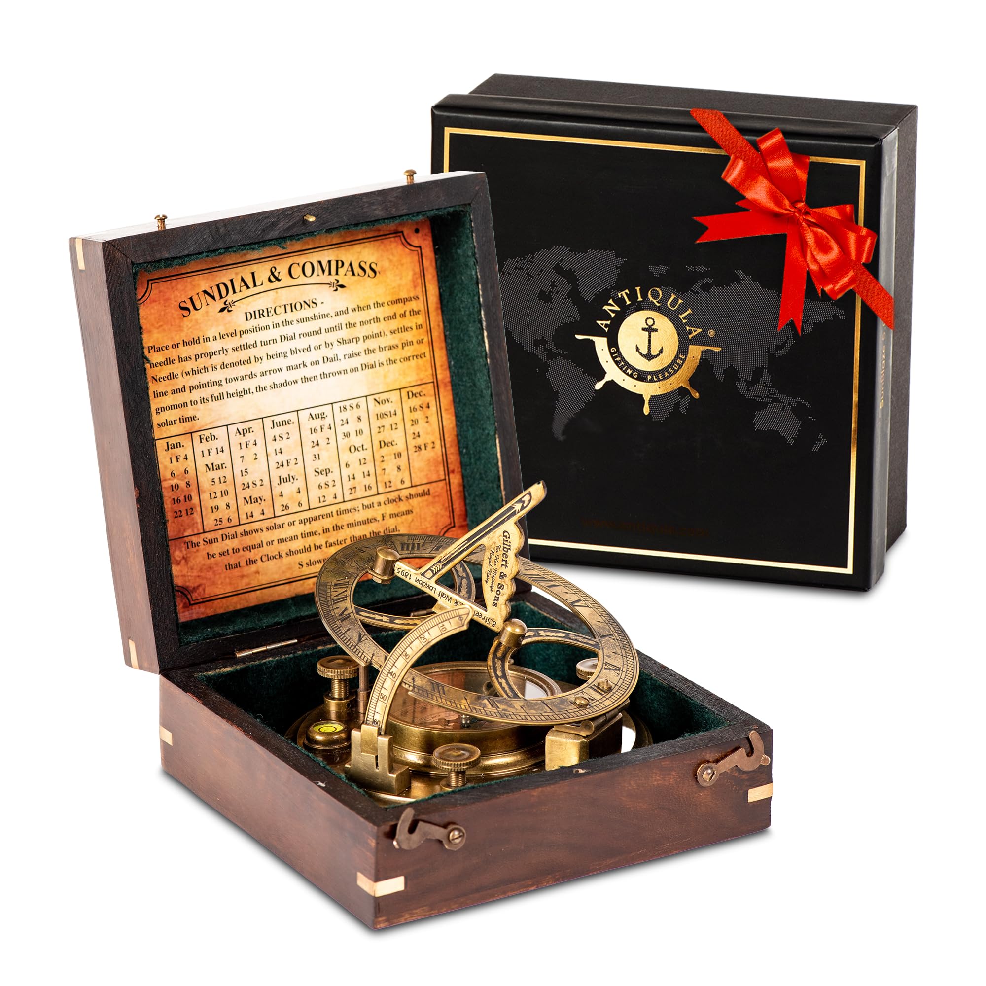 Photo 1 of Antiqula 5 inch Large Sundial Compass with Wooden Rosewood Box, Perfectly Calibrated Steampunk Antique Brass Sundial Clock with Chart for Guidance, Ideal Nautical & Vintage Gift for Men