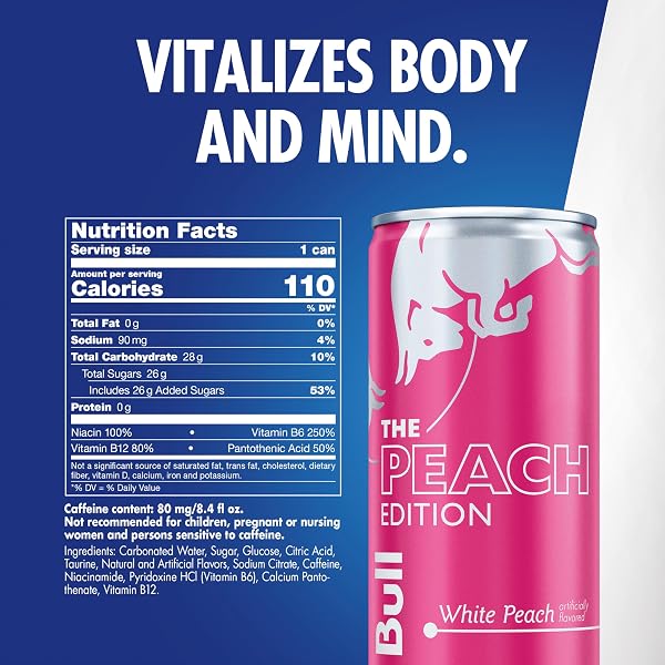 RED BULL PEACH EDITION ENERGY DRINK, WHITE PEACH, 8.4 FL.OZ. CAN, WITH 80MG CAFFEINE, TAURINE & B VITAMINS