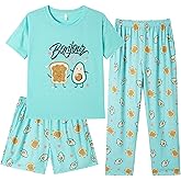 Hupohoi Kids Girls Pajama Sets Summer Short Sleeve With Shorts And Pants 3PCS Sleepwear Cute Cartoon Loungewear 6 to 17 Years