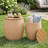 Sundale Outdoor Wicker Side Table with Storage, Patio End Table Set of 2 | Barrel Basket Side Tables, for Patio, Porch, Poolside, Garden Stool, Lounge Chair