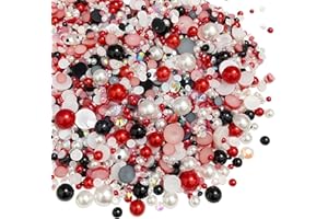 JMASSYANG 100g Mix Resin Rhinestones Flatback Half Round Pearls Mixed Size 3mm-10mm AB Color Half Pearls Resin Rhinestones for DIY Craft Nail Art Shoes Clothes Phone Case (Red White Black Series)