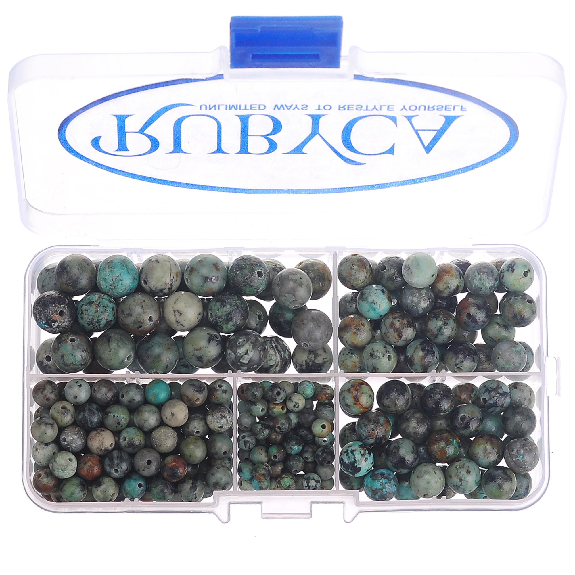 RUBYCA Natural African Turquoise Gemstone Round Loose Bead Organizer Box Jewelry Making, Mix Sizes