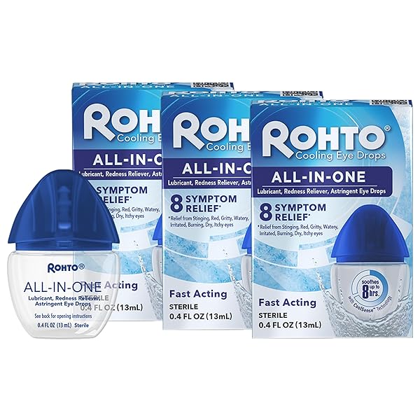 ROHTO ALL-IN-ONE MULTI-SYMPTOM COOLING EYE DROPS, ALL-IN-ONE ASTRINGENT, LUBRICANT & REDNESS RELIEVER EYE DROPS FOR IRRITATED, DRY, BURNING, WATERY, ITCHY, RED, GRITTY EYES, 0.4 FL OZ BOTTLE