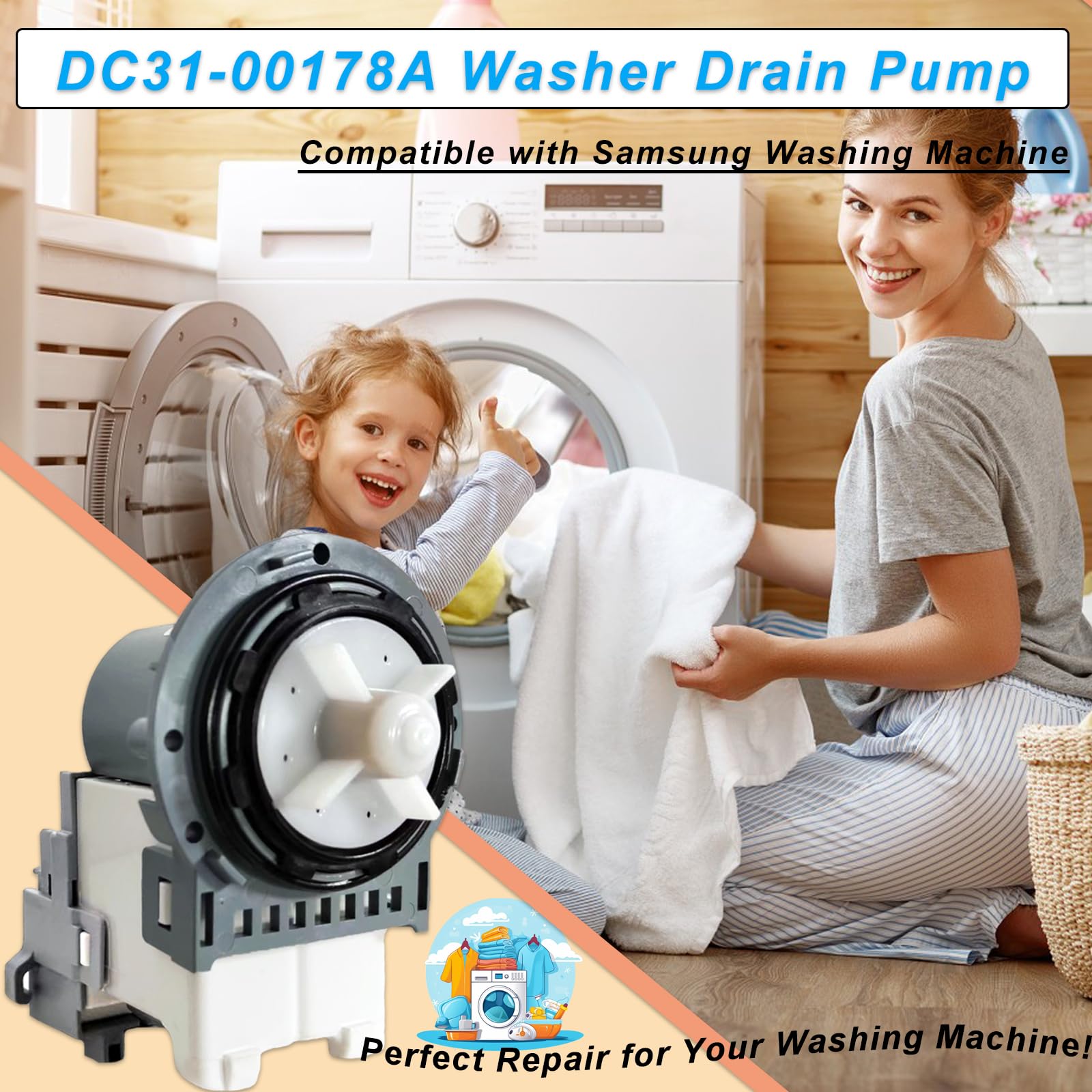 DC31-00178A, PX3516-01, DC97-19289F Washer Drain Pump Assembly Compatible with Samsung Washer WA4, WA5, WF2 Series, Replaces DC31-00178D, B35-3a, DC31-00187A, AP5916591, PS9605762 Drain Pump Motor
