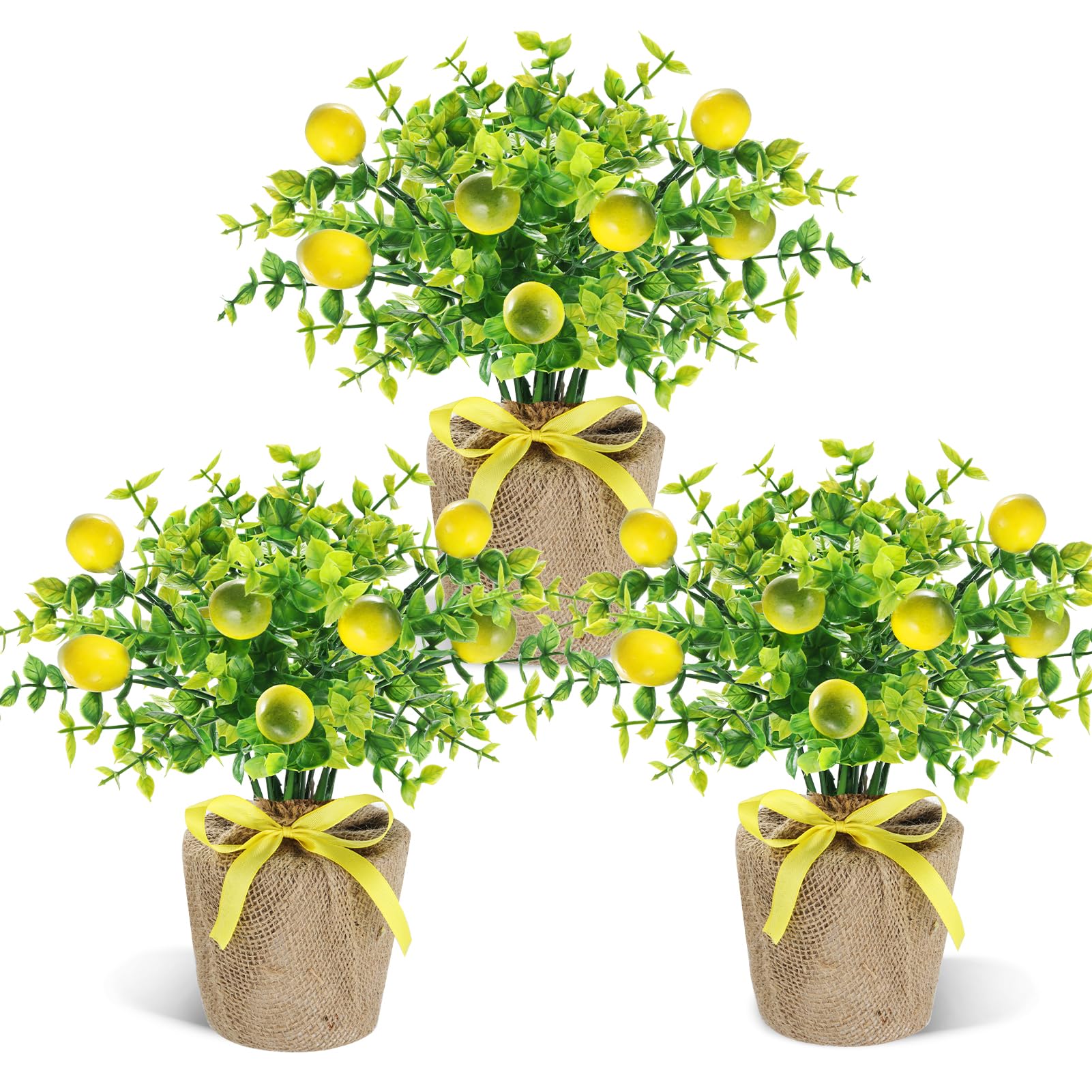 Photo 1 of 3 Pack Artificial Potted Lemon Flowers Table Centerpiece Decor, Plastic Faux Lemons with Burlap Bag Vases Fake Lemons Potted Plants for Summer Farmhouse Wedding Birthday Baby Shower Party Decor