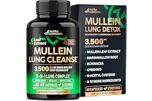 NUTRAHARMONY Mullein Leaf Extract for Lung Detox - Marshmallow Root | Echinacea | Oregano | Quercetin | NAC - 15-in-1 Lung Support & Cleanse for Smokers Supplement - Made in USA - As Drops, Tincture - 60 Capsules