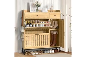 Holiwei Shoe Cabinet with 2 Flip Cabinets, 2 Sliding Drawers, and 1 Side Cabinet, Space-Saving Modern Shoe Organizer for Entryway, Living Room, Hallway, Rustic Oak