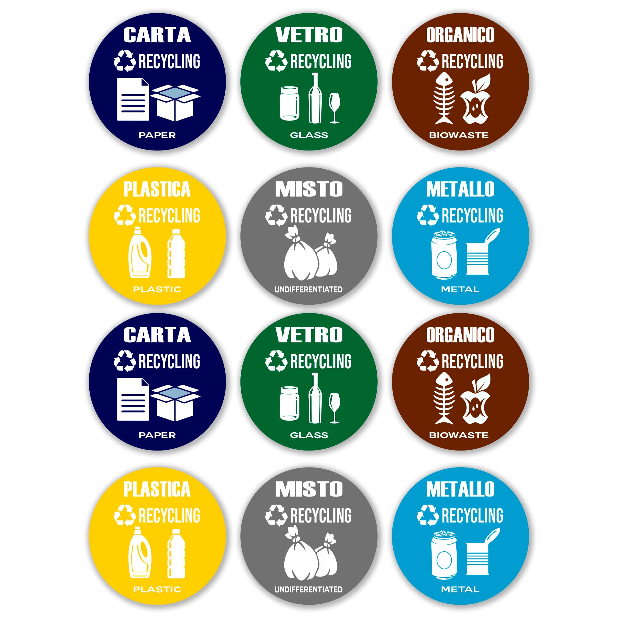 GamesMonkey® - Recycling Stickers for Waste Recycling Wheel v2 - Washable Waterproof Illustrated - Italian English - Compliant with UNI 11686 Standard (8.5 x 8.5, 12 Pieces)