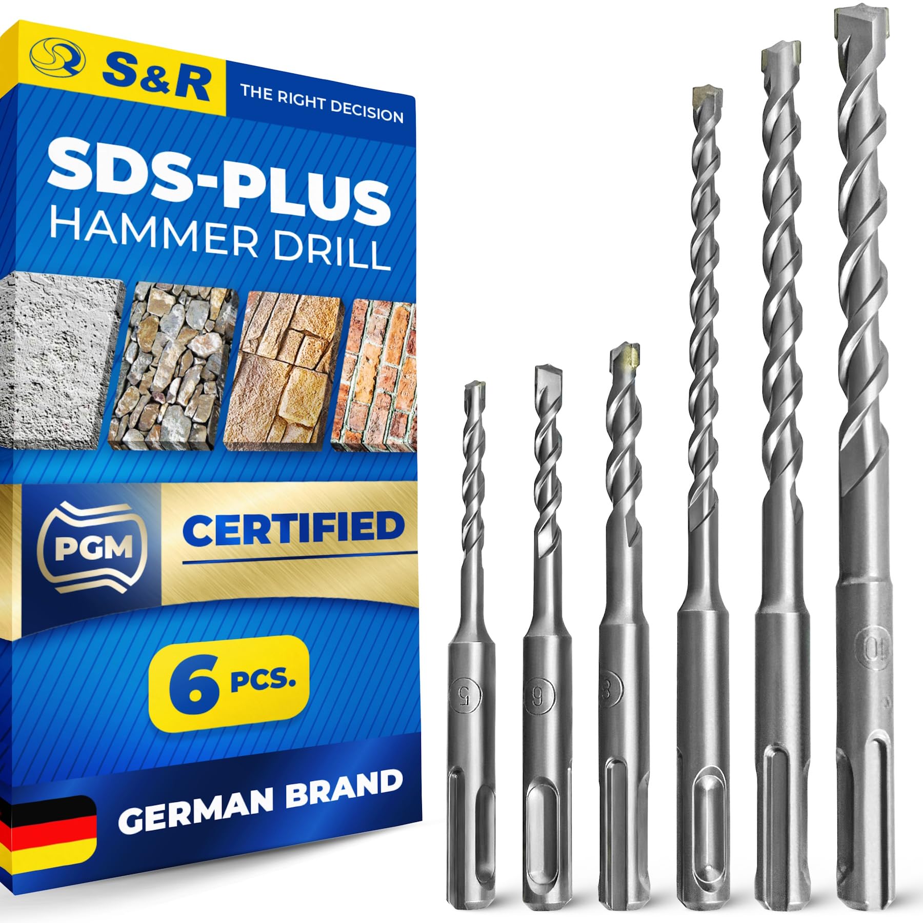 S&R SDS Plus Drill Bit Set 6 pcs 5–10 mm – SDS Masonry Drill Bits for Concrete, Masonry & Stone | Double-Helix Dust Removal | Carbide Tip | 110/160 mm