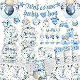 cocomigo 213PCS Blue Baby Boy Shower Decorations Tableware Set, 25 Serves Disposable Plates and Napkins Set, with Cake Topper, Centerpieces, Banner, Tablecloth, for Baby Boy Baby Shower Decorations