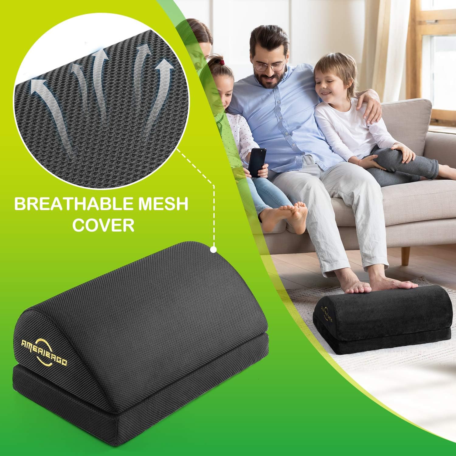 AMERIERGO Adjustable Foot Rest - Office Under Desk Foot Rest with 2 Adjustable Heights, Ergonomic Foot Rest with Non-Slip Bottom, Foot Rest Cushion with Mesh Breathable Washable Cover : Office Products