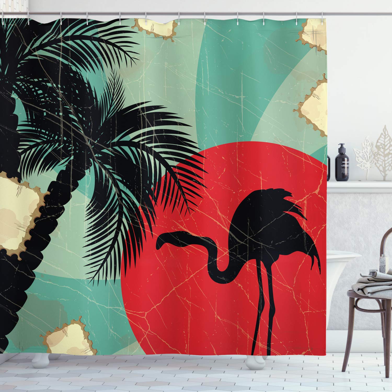 ABAKUHAUS Tropical Shower Curtain, Retro Style Grunge Hawaiian Composition with Flamingo Silhouette and Palm Trees, Cloth Fabric Bathroom Decor Set with Hooks, 94 Inches, Multicolor