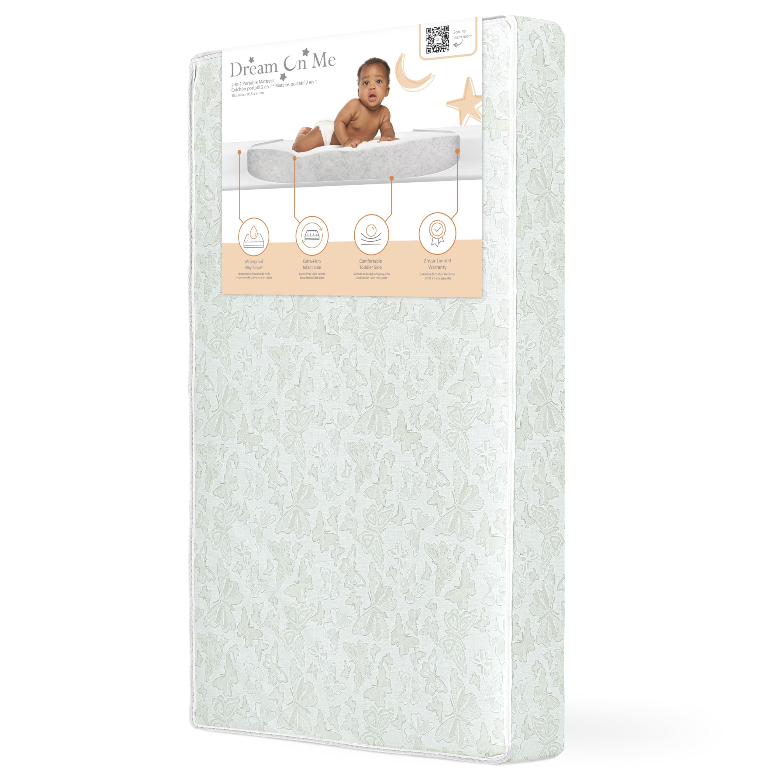 Photo 1 of Dream On Me Butterfly 3” Two-Sided Fiber Portable/Mini Crib Mattress, Greenguard Gold Certified, Waterproof Dual-Sided Mattress, Vinyl Cover