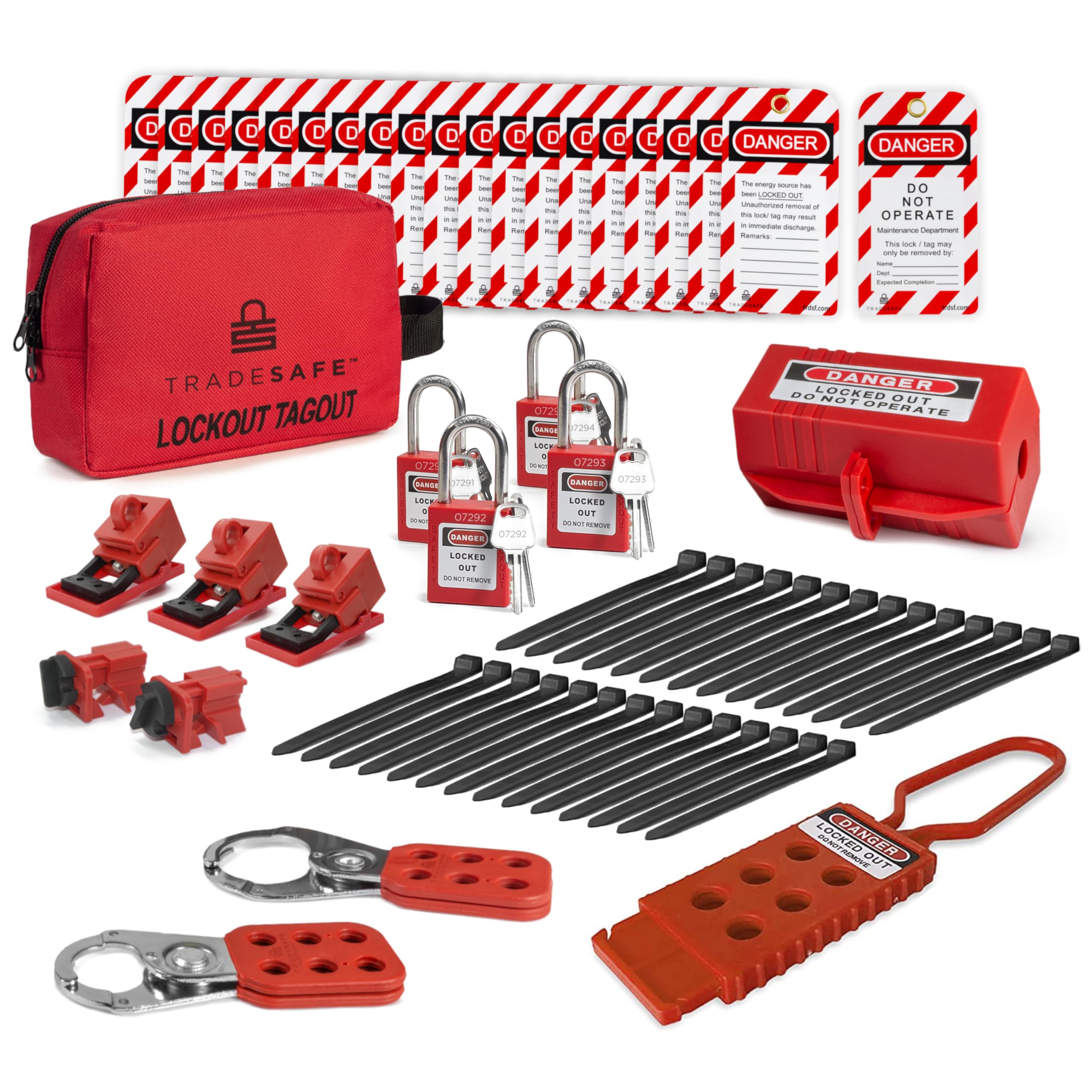 thumbnail image 2 of Lockout Tagout Kits TRADESAFE Electrical Lockout Tagout Kit - Hasps, Clamp On And Universal Multipole Circuit Breaker Lockouts, Loto Tags, Plug Lockout, Loto Locks Set (1 Key Per Lock) For Safe Electrical 2 of 14