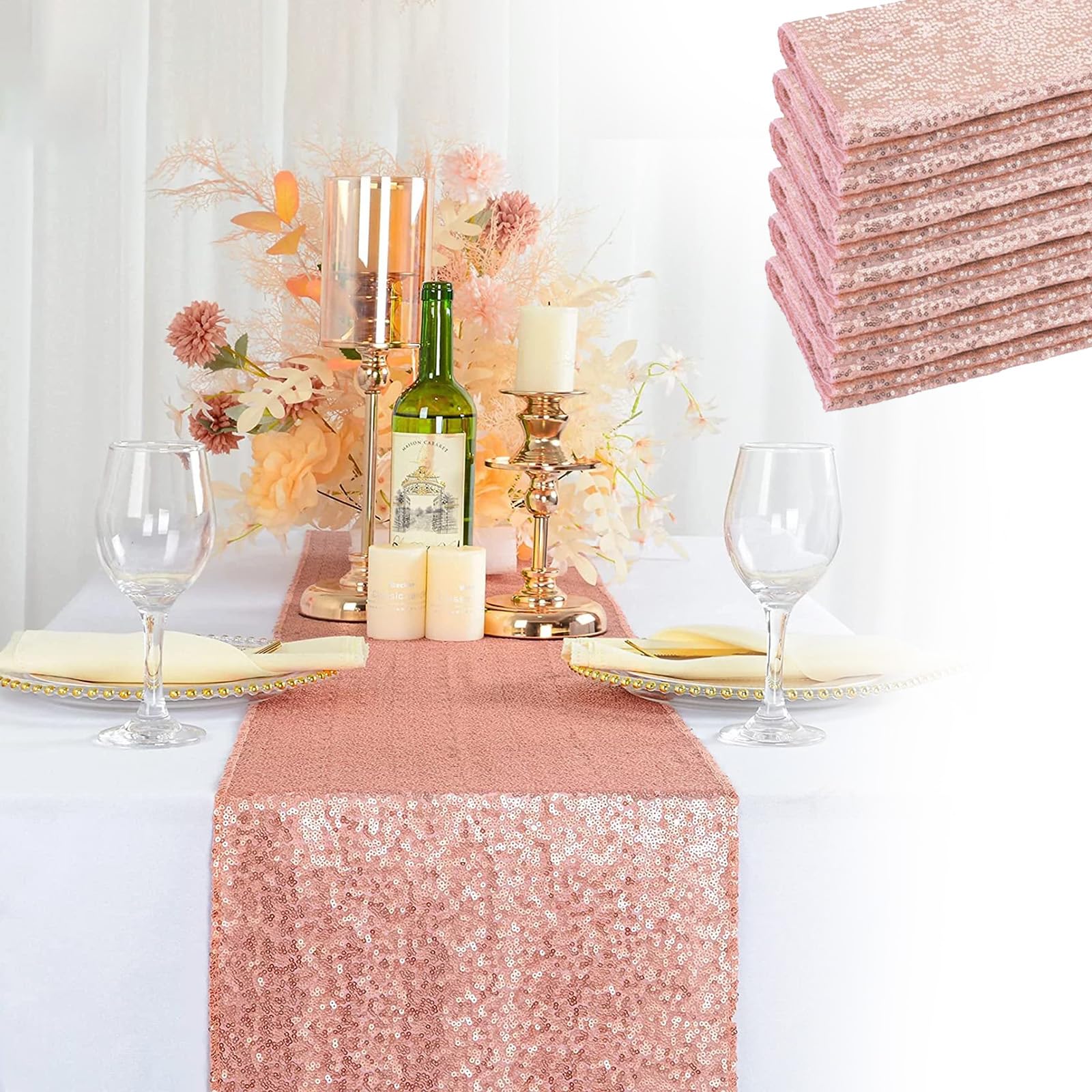 Eowppue Elegant Rose Gold Table Runner 30x180cm, Set of 2 - Perfect for Wedding, Banquet, and Hotel Decorations, Made of Polyester with Beautiful Sequin Embroidery