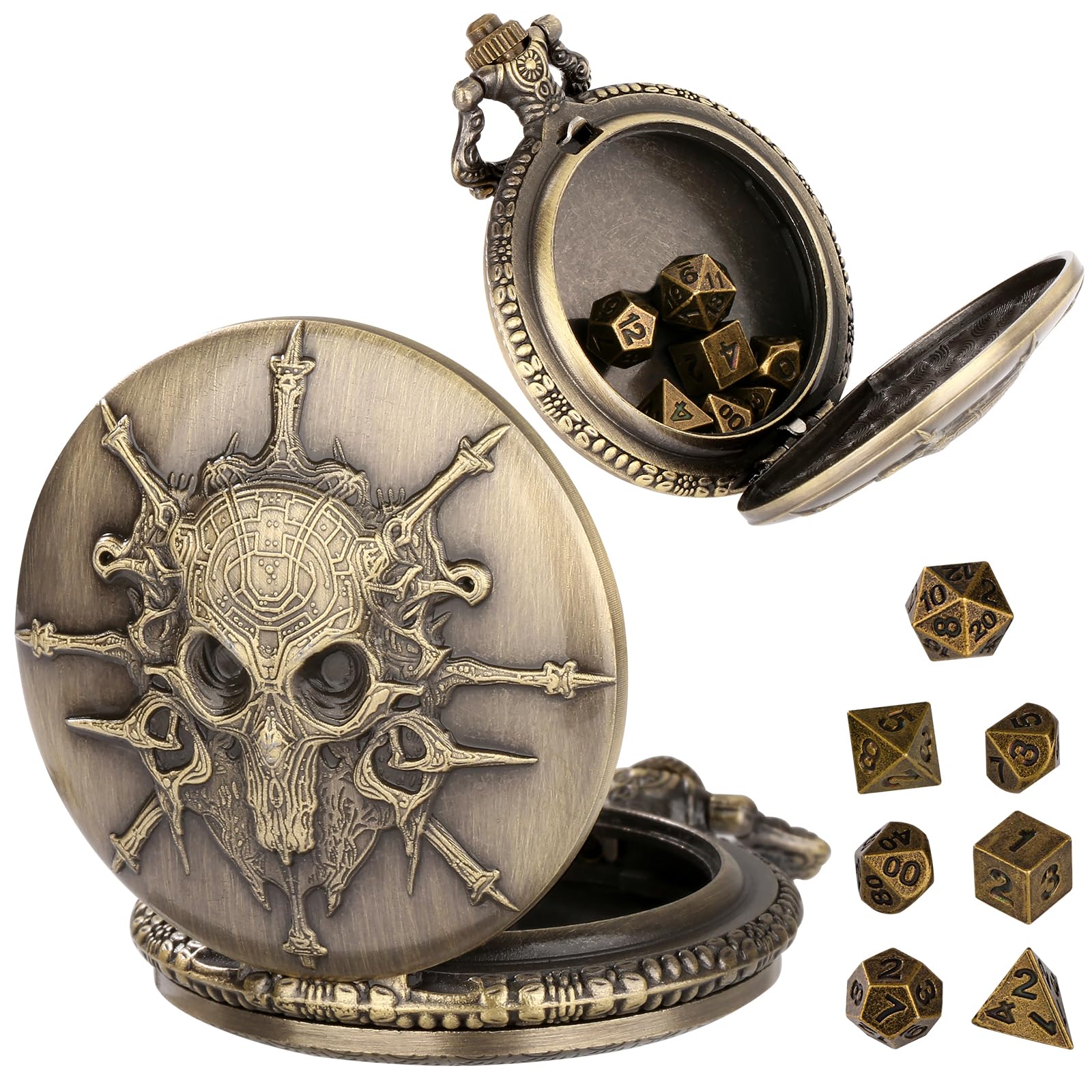 Mini DND Dice Set Steampunk Warlock Pocket Watch Shell Case, 7pcs Polyhedral Metal D&D Dice Set, DND Gifts with Gift Box, Role Playing Board Games Accessories, Bronze