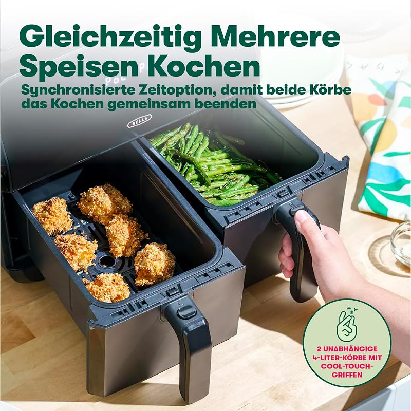 8L Dual Basket Heißluftfritteuse mit Touchscreen, 8 Kochfunktionen, einstellbarer Temperatur, automatischer Abschaltung und Timer, antihaftbeschichteten Kochschalen, 1700W, Schwarz