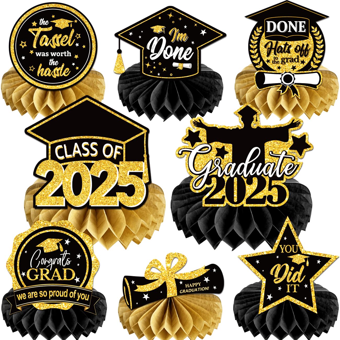 PATIAI 8PCS Black and Gold Graduation Party Decorations Class of 2024 ...