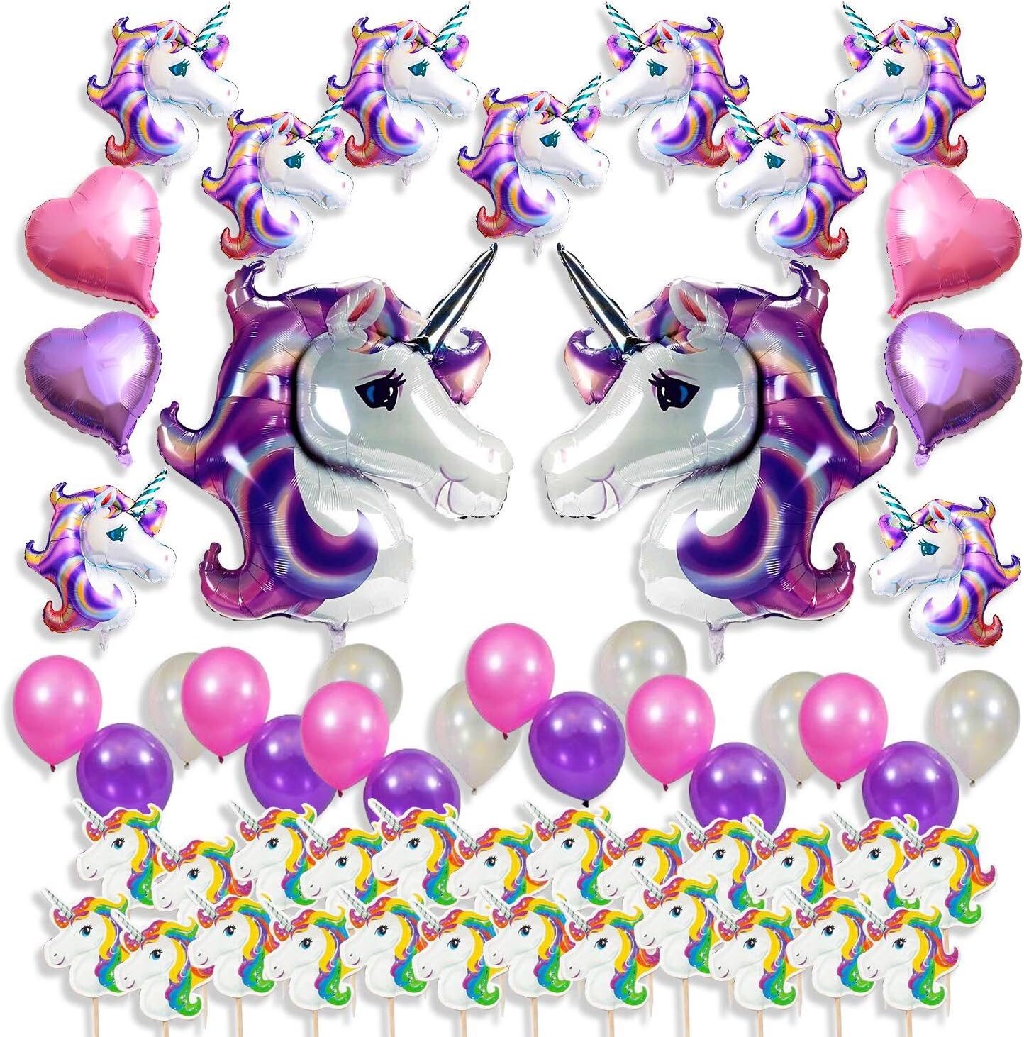 Unicorn Party Supplies Decorations, Favors for Girls & Kids Birthday, Baby Shower 🦄 Huge Unicorn Balloons Set, Heart Shaped Foil, Latex Balloons & Cupcake Toppers, 43 Pack Girls Unicorn Theme Decor