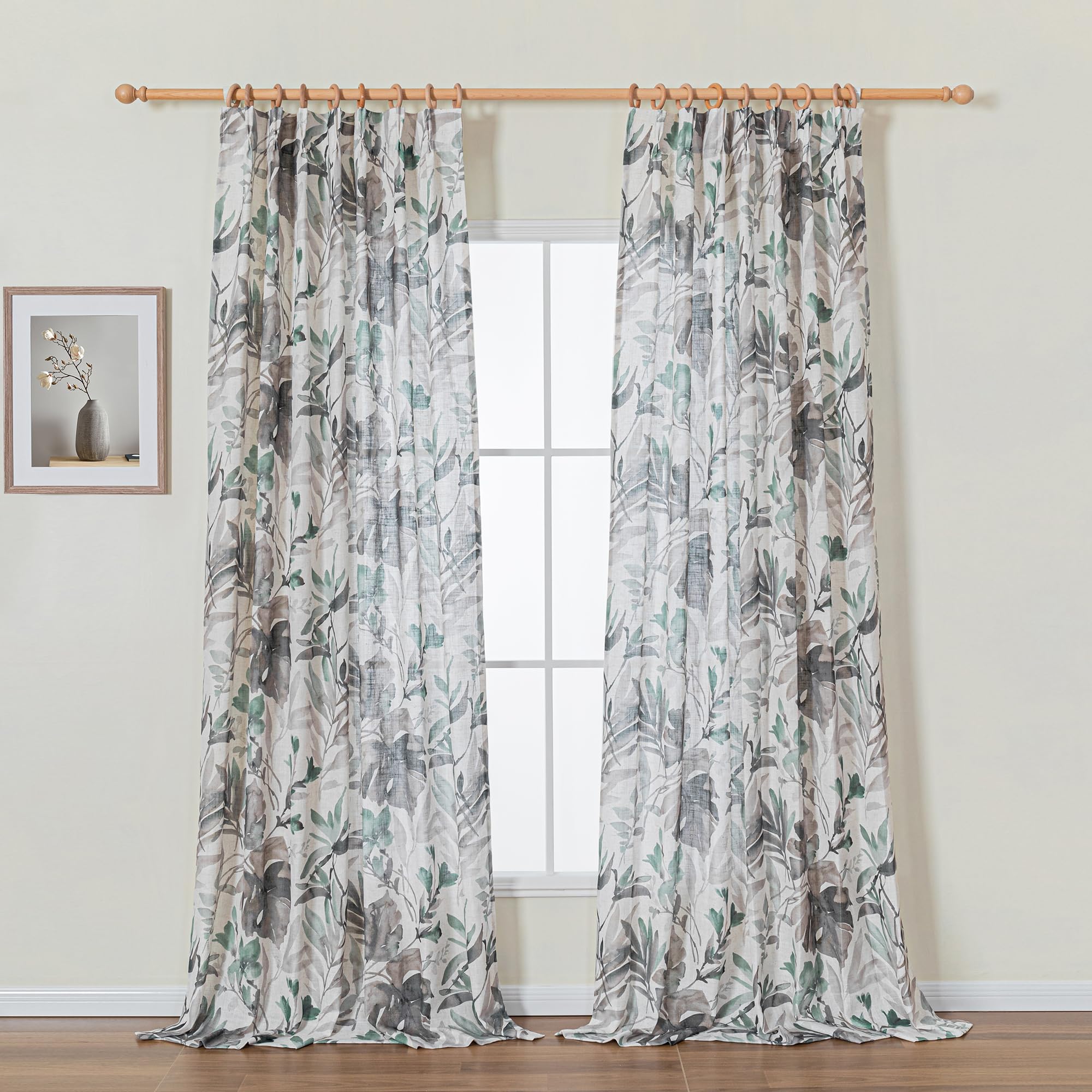 MYSKY HOME Pinch Pleated 95 Inches Floral Curtains for Living Room/Dining Room Burlap Effect Printed Privacy Protect Linen Drapes Window Treatments, 2 Panel, Brown and Natural Image