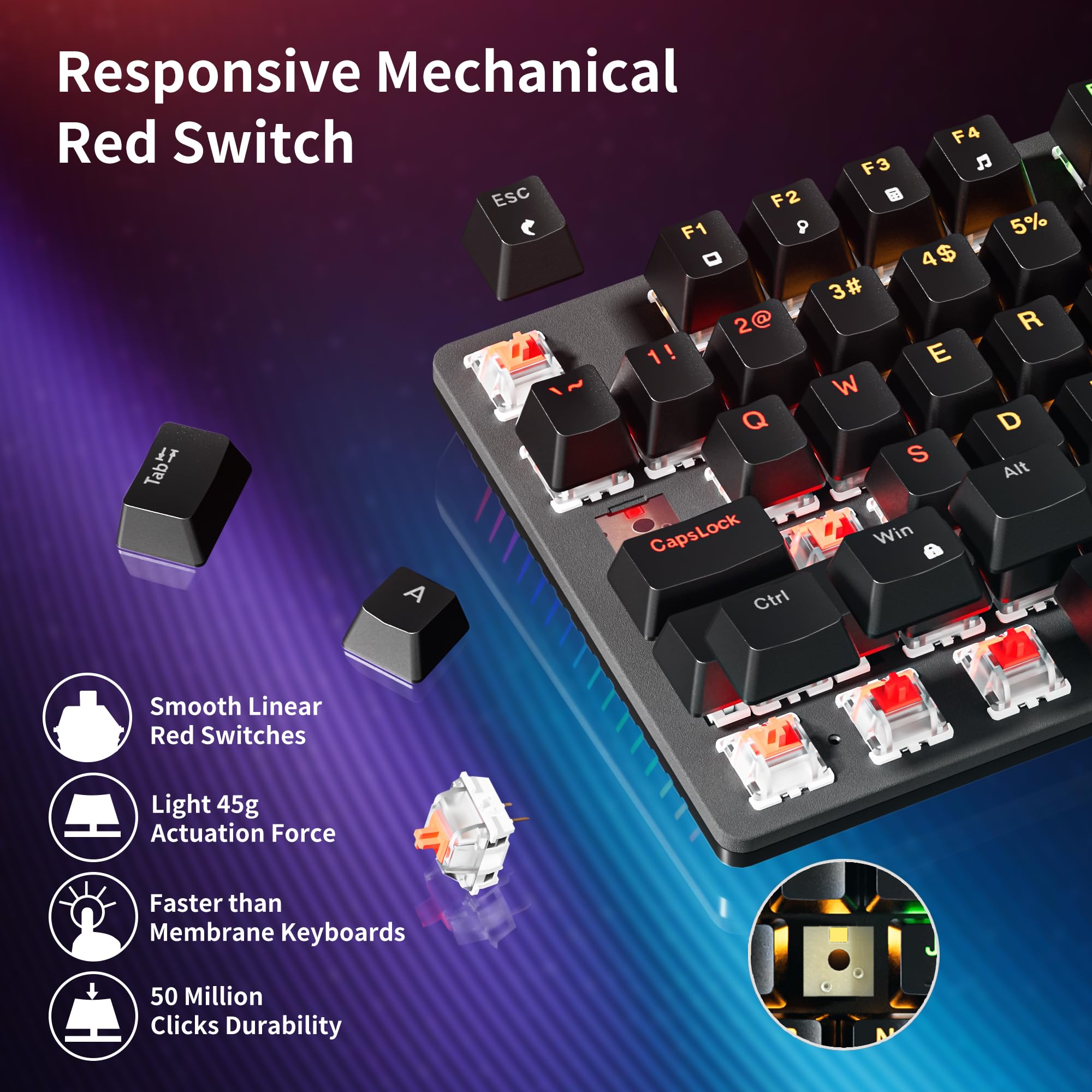 Newmen GM325Pro Mechanical Keyboard,104 Keys Rainbow LED Backlit Wired Gaming Keyboards,Hot-Swap Metal Panel ABS Black Keycaps Gaming Mechanical Keyboard for Windows Laptop PC Linear Red Switches