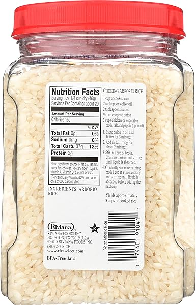 RICESELECT ARBORIO RICE FOR ITALIAN RISOTTO, PREMIUM GLUTEN-FREE RICE, NON-GMO, 32-OUNCE JAR, (PACK OF 1)