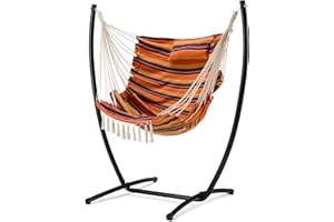 EUSUNCALY Hammock Chair with Stand,Hanging Chair Flow Bohemian Hand Indoor Outdoor,with Headrest and Side Pockets, Maximum Load Capacity 330lbs (Red-Orange)