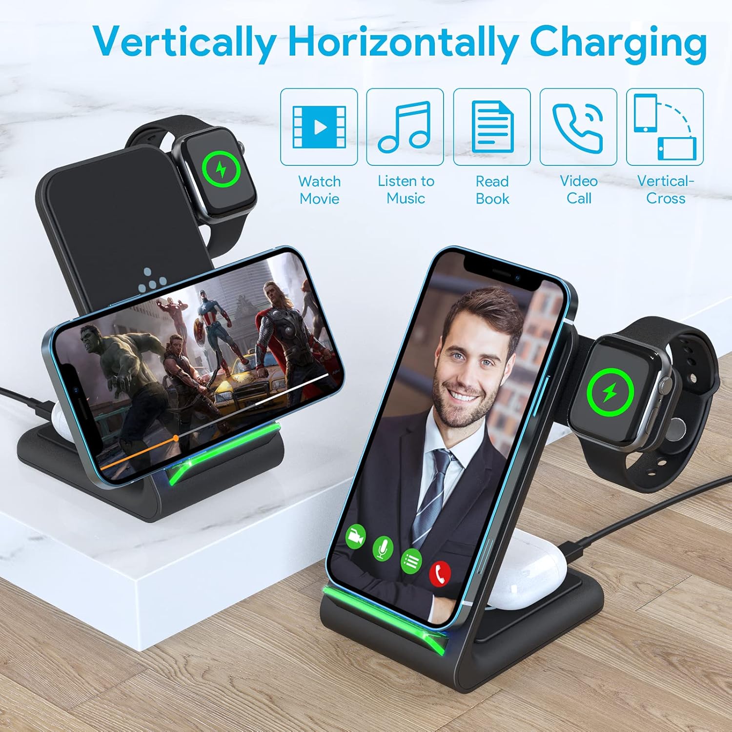 Wireless Charging Stand, 3 in 1 Wireless Charging Station Dock 15W Fast Wireless Charger for iWatch SE/6/5/4/3/2, Airpods 2/Pro, iPhone 12/12 Pro/ 11/11 Pro/XR/XS/X/8 /8P/Samsung(with QC 3.0 Adapter)