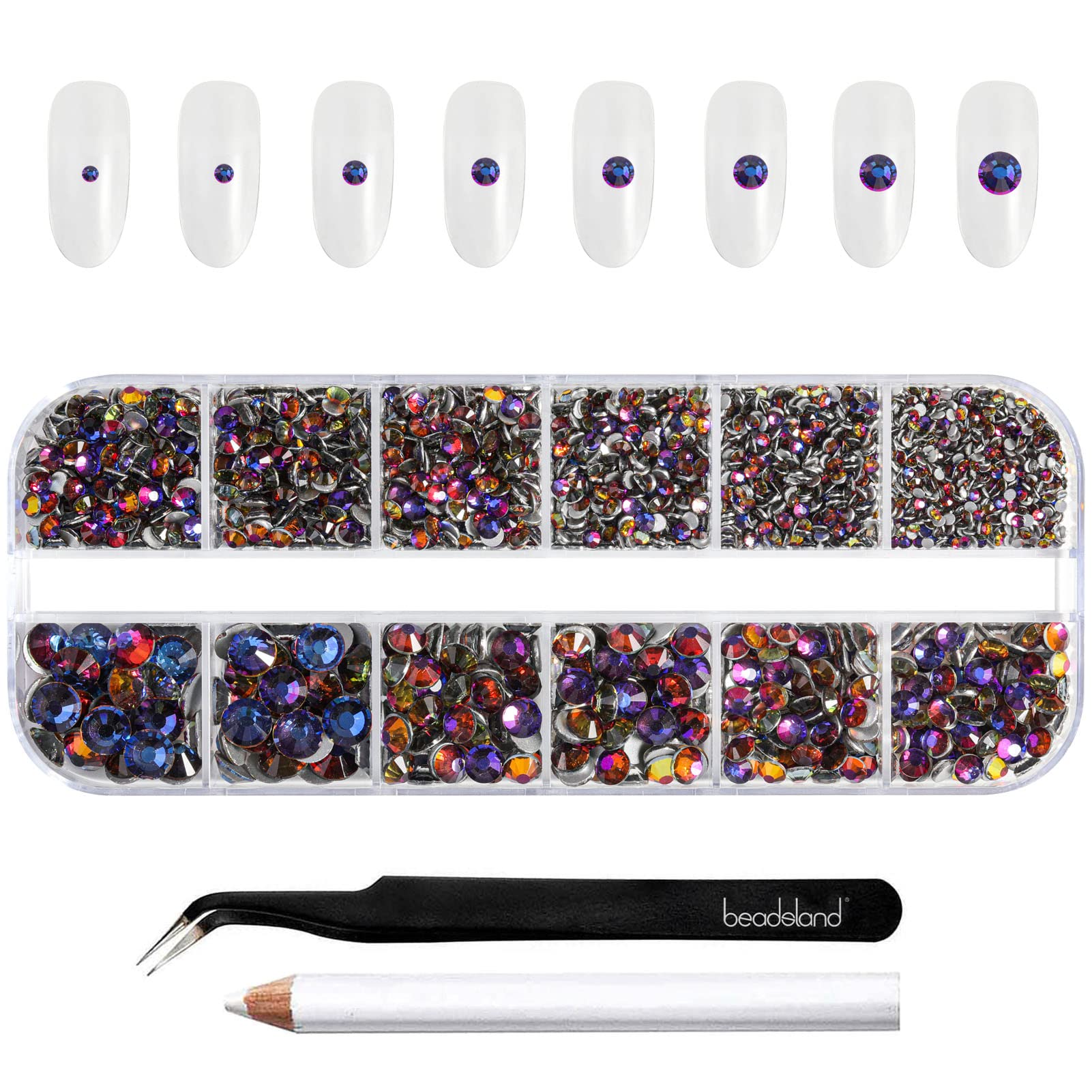 Beadsland Rhinestones for Makeup,8 Sizes 2500pcs Blue Flatback Rhinestones Face Gems for Nails Crafts with Tweezers and Wax Pencil,Blue Volcano,SS4-SS30 — image 1