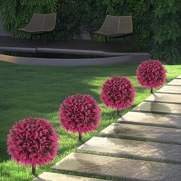 GROOY ARTIFICIAL TOPIARY TREE WITH PINK EUCALYPTUS, SET OF 2 ARTIFICIAL SHRUB BUSHES WITH GROUND SPIKE, FAKE EVERGREEN TREE FOR PORCH, ARTIFICIAL PLANTS FOR OUTDOOR PLANTERS INDOOR UV RESIST