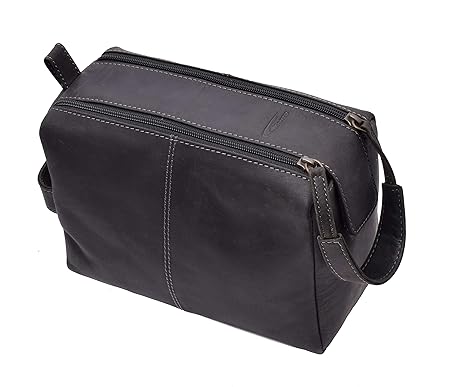 Menzo Leder Kulturbeutel, Kulturtasche, Toilettentasche für die Reise, Herren und Damen (schwarz)