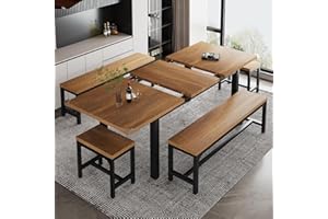 iPormis 5-Piece Dining Table Set for 4-8 People, Extendable Kitchen Table Set with 2 Benches and 2 Square Stools, Mid-Century Dining Room Table with Metal Frame & MDF Board, Saving Space, Walnut