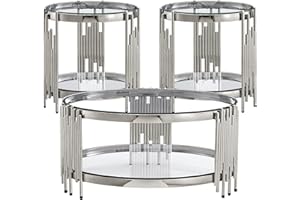 AF ARTISAN FURNITURE Round Glass Coffee Table Set of 3, Silver and Clear Modern Living Room Table Set, Includes 1 Coffee Table & 2 End Tables, Stainless Steel Base Tempered Glass Top, Luxury Furniture for Home Office