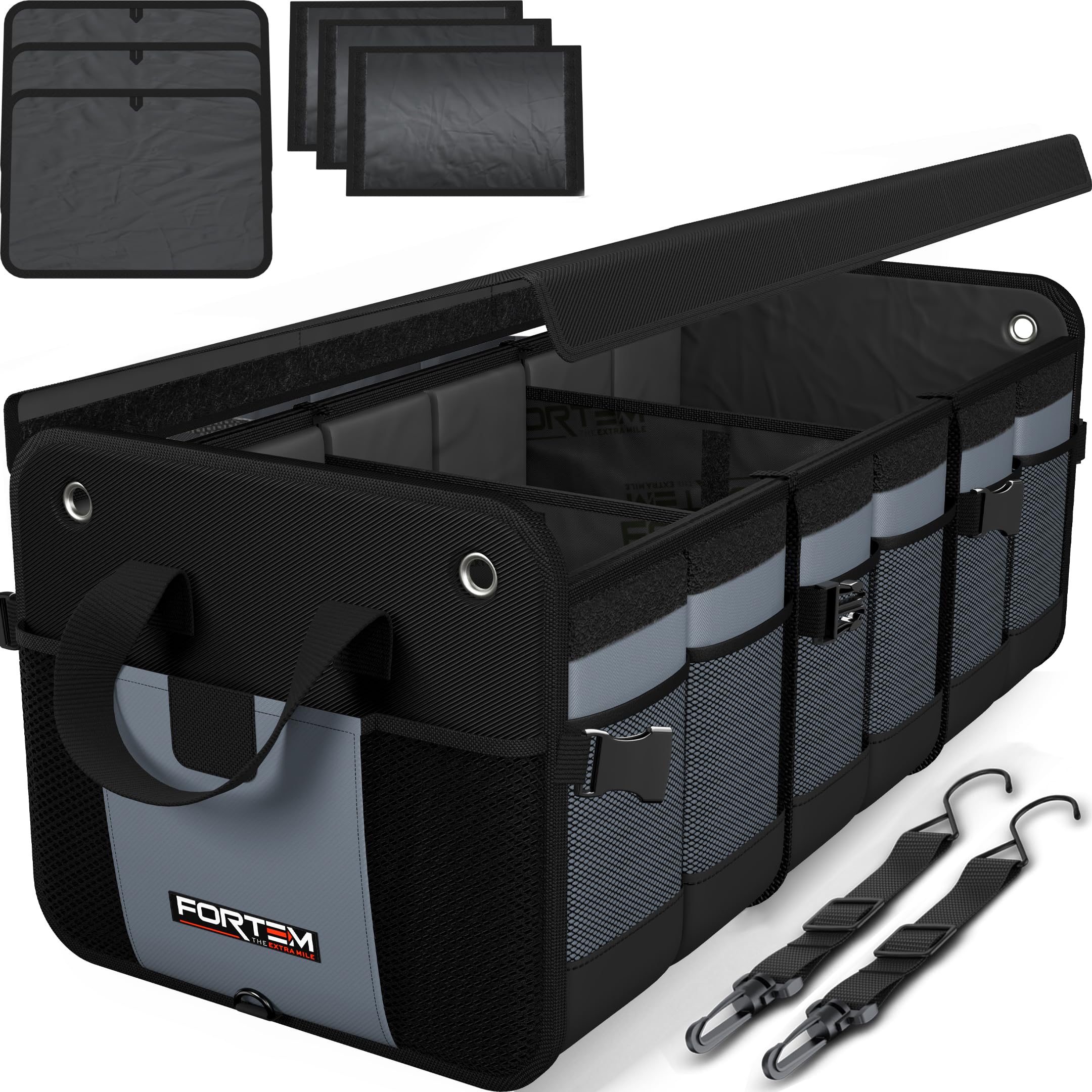 FORTEM Car Boot Organiser, SUV Boot Tidy, Trunk Storage, Collapsible Multi Compartment Car Organiser, Non Slip Bottom, Adjustable Securing Straps, Foldable Cover (90L)