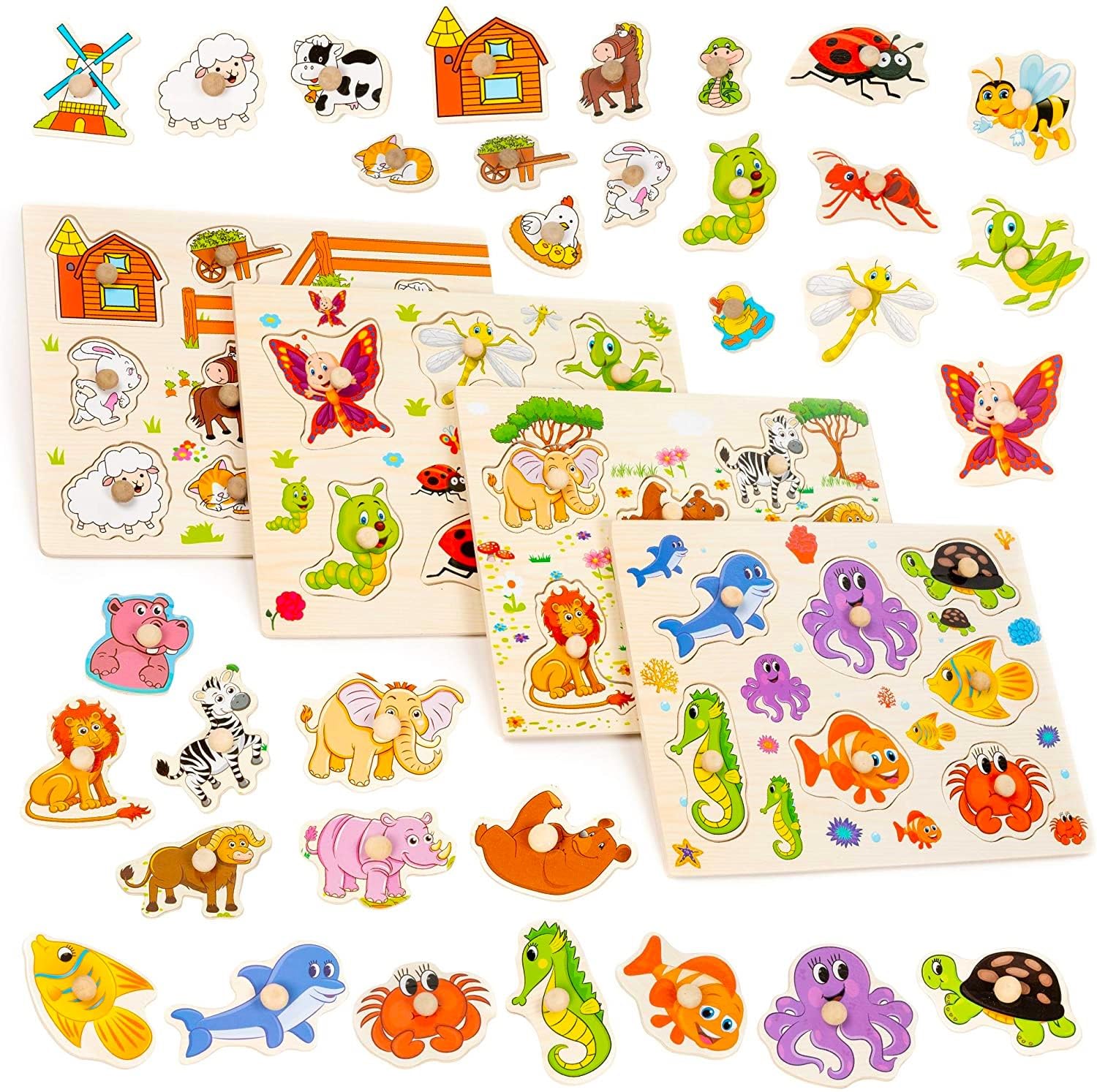 THE TWIDDLERS 4 Bright Wooden Puzzles for Kids, Childrens Animal Peg Board, Perfect Jigsaw Puzzles for Birthdays, School Early Education, Christmas Stocking Fillers