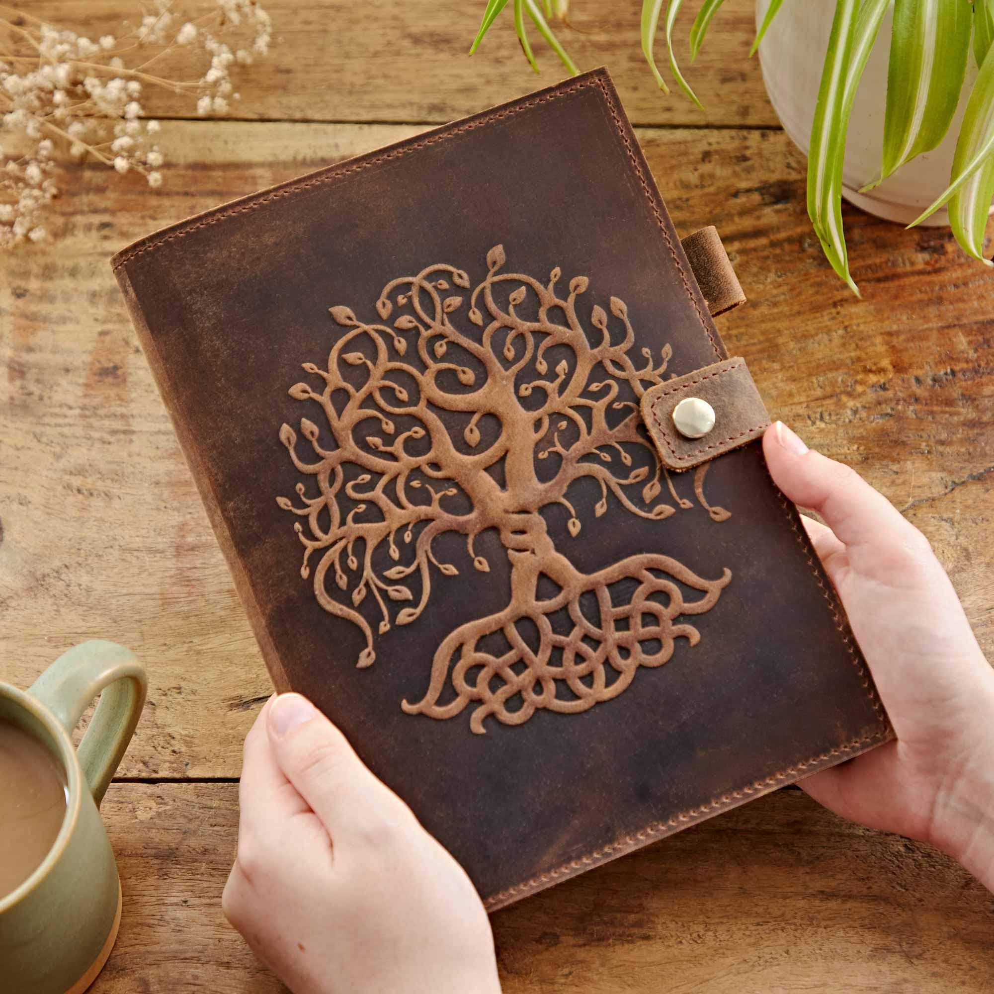 Embossed Tree of Life Genuine Buffalo Leather Refillable Journal - Handcrafted Notebook with Pen Holder Includes Unlined Recycled Cotton Paper or Lined FSC Paper and Gift Box (Lined)