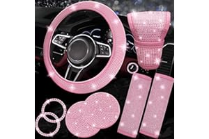 NBTEPEM 8 pcs Pink Bling Car Accessories Set for Women, Steering Wheel Cover, Sparkly Seat Belt Covers, Bling Gear Shift Cover, Universal Fit Most Cars (All Pink Diamond)