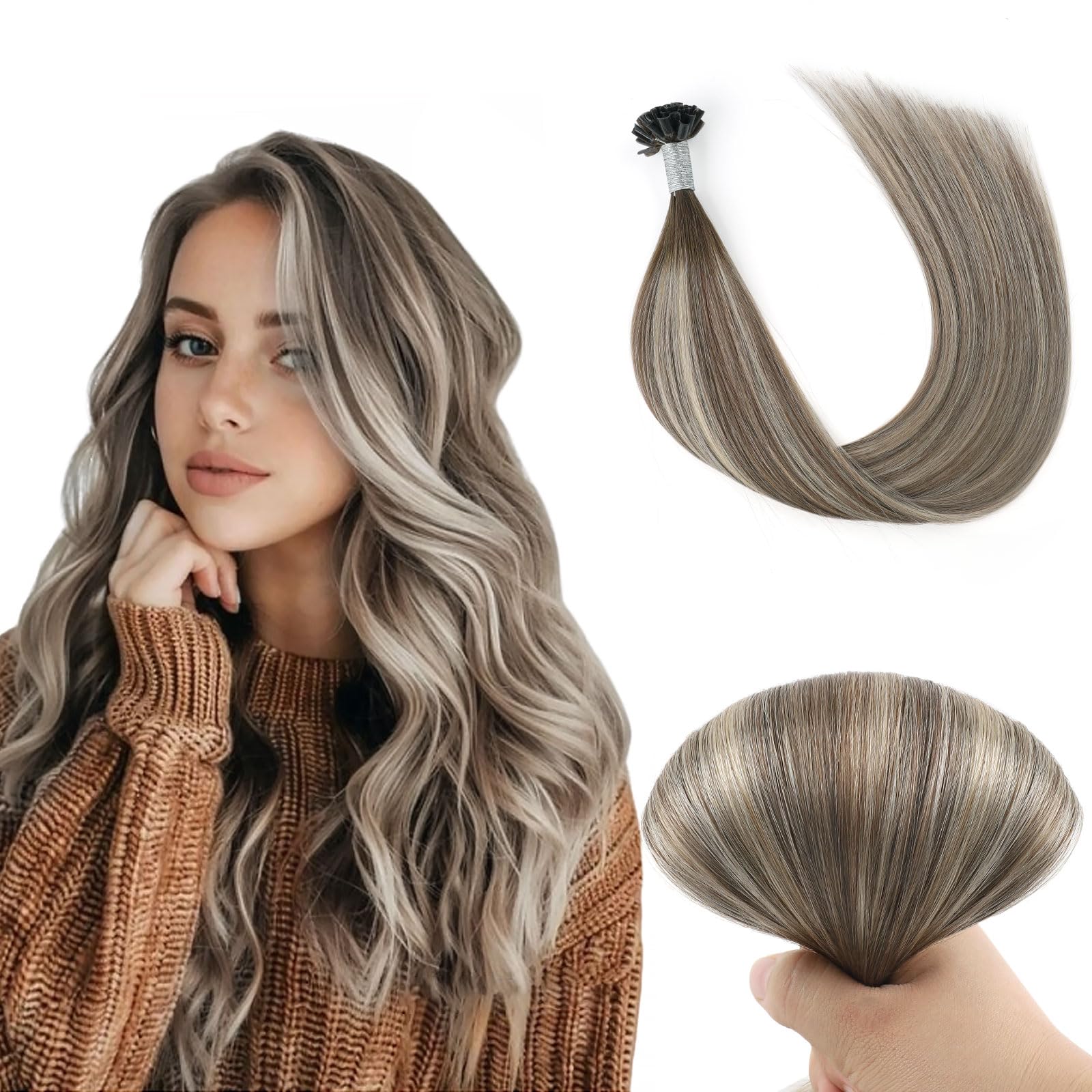 Yuniffe U Tip Hair Extensions Real Human Hot Fusion Hair Extensions Remy Silk Straight Nail Tip Keratin Real Hair Extensions Rooted Brown Fading to Ash Brown with Medium Blonde 16 inch 50g/50s