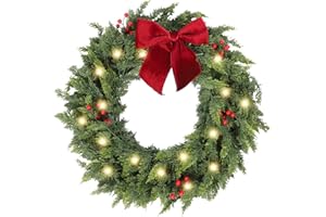 HipTree 30 Inch Christmas Wreaths for Front Door with Lights,Lighted Cedar Door Wreath,Prelit Real Touch Artificial Green Winter Wreath with Large Burgundy Velvet Bow for Indoor Outdoor Decor