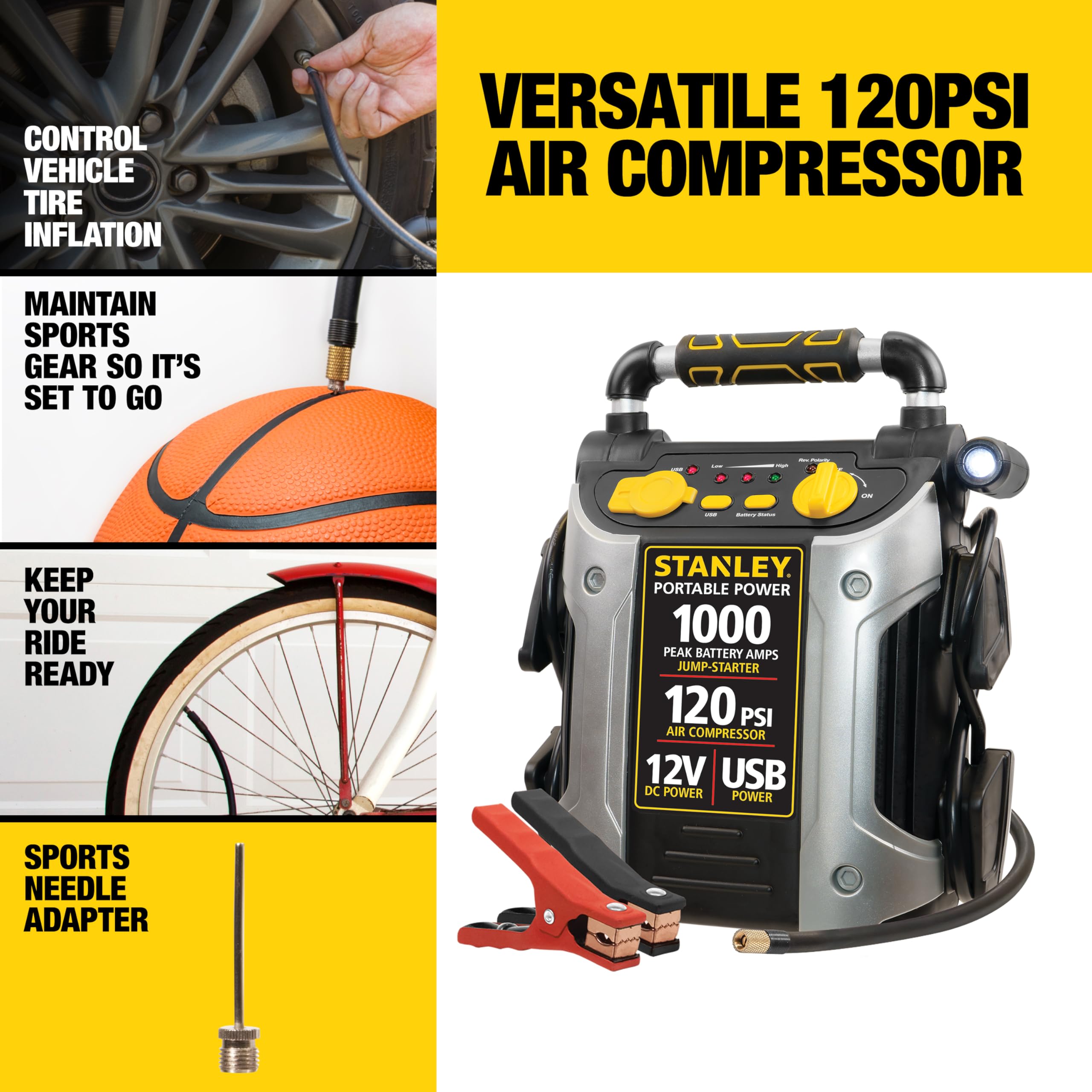 STANLEY J5C09 JUMPiT Portable Power Station Jump Starter: 1000 Peak/500 Instant Amps, 120 PSI Air Compressor, USB Port, Battery Clamps