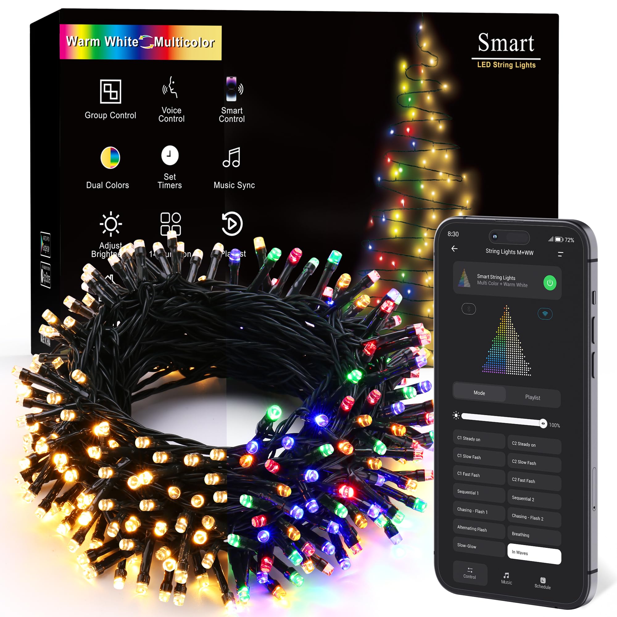 Brizled Smart Christmas Lights, 66FT 200 LED Color Changing Christmas String Lights App & Voice Control, Dimmable Warm White & Multicolor Xmas Tree Lights Music Sync for Indoor Outdoor Wedding Party Image
