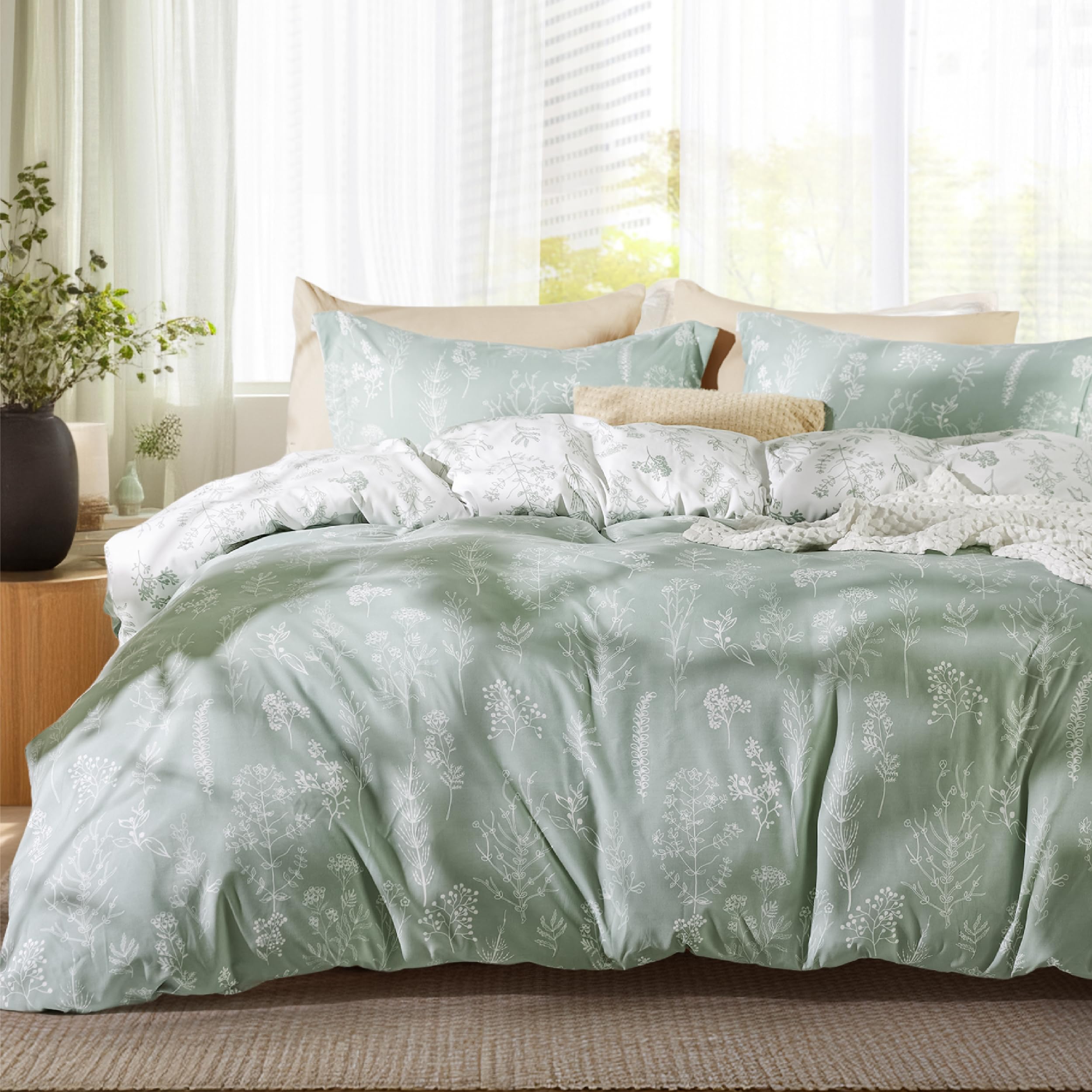 Photo 1 of Bedsure Oversized Queen Comforter Set - Sage Green Bed Set, 3 Pieces Cute Floral Bedding, 1 Soft Reversible Botanical Flowers Comforter and 2 Pillow Shams